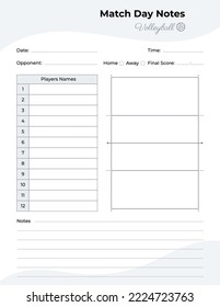 Matchday notes log with volleyball field diagram	