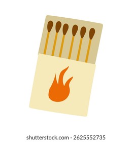 Matches in a beige box with a flame symbol on the front sitting on a plain background