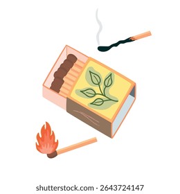 Fósforos em uma caixa, queimando e extinto. Bastões de madeira com cabeças feitas de substância inflamável usada para produzir fogo. Objetos de desenhos animados isolados sobre fundo branco. Ilustração vetorial.
