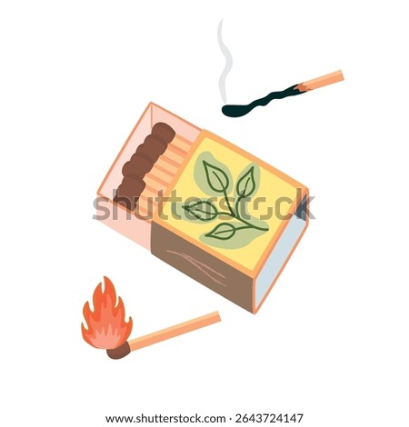 Matches in a box, burning and extinguished. Wooden sticks with heads made of flammable substance used to produce fire. Cartoon objects isolated on white background. Vector illustration.