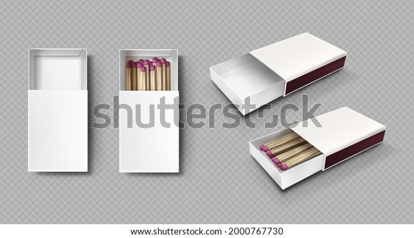 Matches in box, matchsticks with pink sulphur and\
wooden sticks lying in open case top view and isometric projection\
isolated on transparent background, Realistic 3d vector rendering,\
mockup set