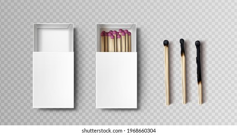 Matches in box, stages of burning from black firebrand head to charred burnt wooden stick, matchsticks with pink sulphur lying in open case isolated on transparent background, Realistic 3d vector set