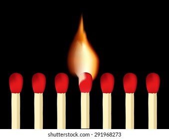 Matches and burning match on  black background.Vector Illustration
