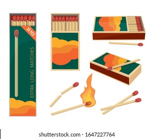 Matches Cartoon. Fire Symbols Dangerous Wooden Matches Safety Matchstick In Box Burning Flame Vector Collection