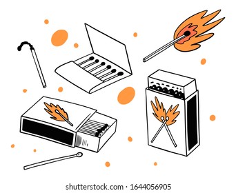 Matches in different box, burning and extinct match. Hand drawn vector illustration in cartoon syle. Isolated on white background.