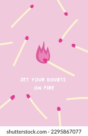 Matches with fire flame trendy print poster on the pink isolated background.