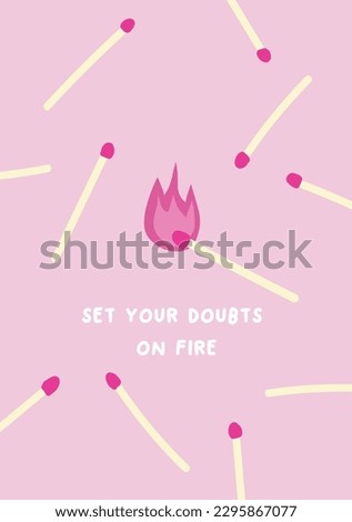 Matches with fire flame trendy print poster on the pink isolated background.