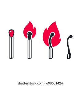 Matches and fire icons. Burning and burnt matchsticks on white background, vector illustration