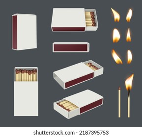 Matches. Flame from wooden stick different points view of containers for matches decent vector realistic templates