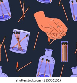 Matches in glass jars, box, hand with burning match seamless pattern on dark blue background. Decorative illustration, good for printing.