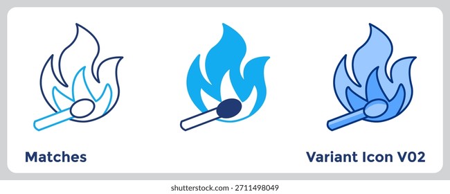 Matches icon represents quick fire-starting in outdoor and emergency-kit visuals. Blue, Flat Blue, Dualtone style.