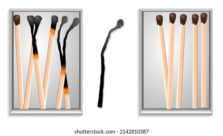 Matches ignite burn mockup set realistic. set 
of burnt match at different stages isolated on white background. opened blank box of brown matches with burned.
