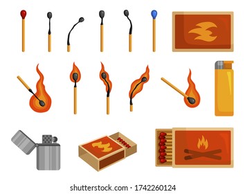 Matches light, matchbox and lighter to create fire. Burning or smoker set. Vector flat style cartoon illustration isolated on white background
