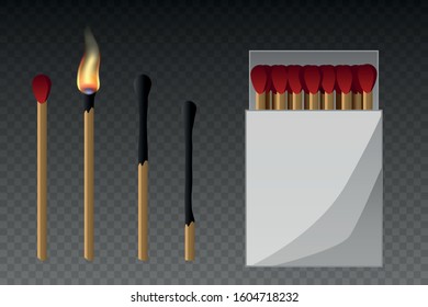 Matches, lighted match and burned match. Burning match with fire, opened matchbox, burnt matchstick. Vector 3d realistic match stick and different flame icon set