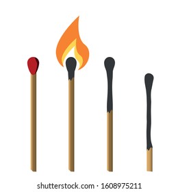 Matches, lighted match and burned match.   Flat design style. Vector illustration. 