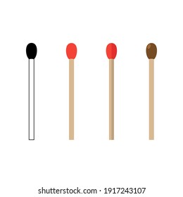 Matches, lighted match and burned match. Matchstick icon. Vector illustration