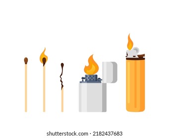 Matches and Lighters Isolated On White Background. Items for Smoking and Making Fire. Flammable Tools, Matchsticks Flaming and Burnt Graphic Design Elements. Cartoon Vector Illustration, Icon?