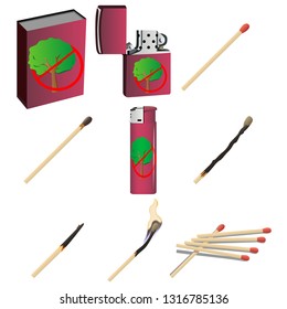 matches and lighters, set of nine elements, vector image isolated on white background
