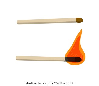 Fósforos, fazendo fogo. Fósforo de queimado, chama. Gráficos vetoriais, design plano. Fundo isolado branco.	
