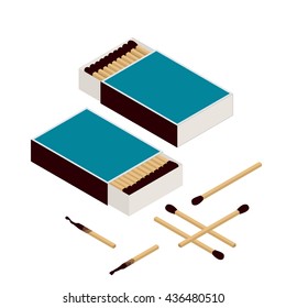 Matches And Matchbox. Isolated On White. New, Burning And Burned Matchstick. Flat 3d Vector Isometric Illustration