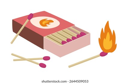 Matches and matchbox vector. Burning match clipart. Fire source. Flat vector in cartoon style.