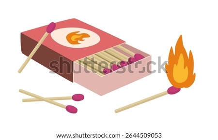 Matches and matchbox vector. Burning match clipart. Fire source. Flat vector in cartoon style.