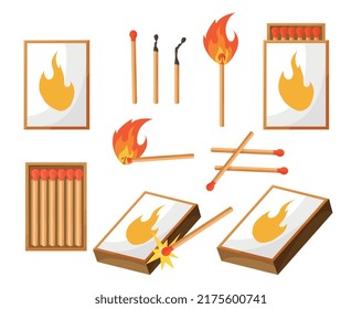 Matches and matchboxes. Collection of elements for kindling fire. Set of stickers for social networks. Burnt matchstick with box. Cartoon flat vector illustrations isolated on white background