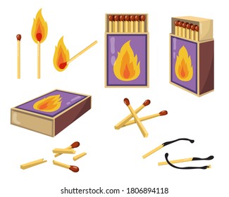 Matches and matchboxes flat illustration set. Cartoon burnt matchsticks with fire and opened boxes for wood matches isolated vector illustration collection. Heat and design concept