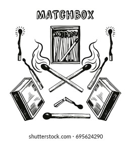 Matches and matchboxes.
 Hand drawn vector doodles set isolated on white background.