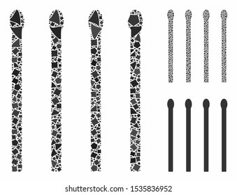 Matches mosaic of raggy parts in variable sizes and color hues, based on matches icon. Vector ragged parts are composed into mosaic. Matches icons collage with dotted pattern.