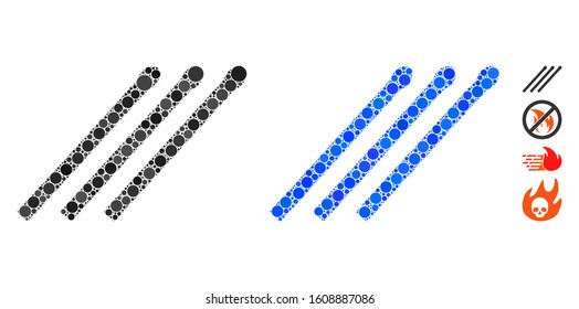 Matches mosaic of round dots in various sizes and color tones, based on matches icon. Vector round dots are grouped into blue mosaic. Dotted matches icon in usual and blue versions.