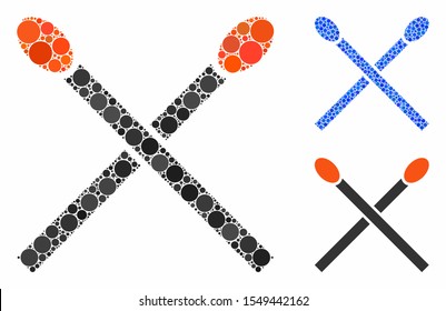 Matches mosaic of small circles in various sizes and color tones, based on matches icon. Vector small circles are composed into blue mosaic. Dotted matches icon in usual and blue versions.