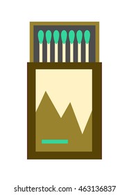 Matches in a opened matchbox isolated on white background. Flat design vector illustration