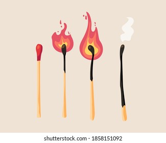 Matches. process of burning match with fire, burnt match isolated. smoke and fire.vector illustration