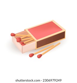 Matches in red box for bonfire 3D illustration. Cartoon drawing of matchbox for making fire during picnic, camping or hiking trip in 3D style on white background. Camping, recreation concept