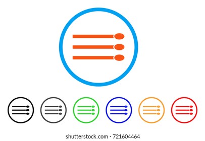 Matches rounded icon. Style is a flat matches orange symbol inside light blue circle with black, gray, green, blue, red, orange versions. Vector designed for web and software interfaces.