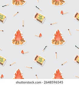 Matches seamless pattern with fire made of wood logs. Open matchbox, burning and burnt-out stick. Cartoon objects with paper cut shapes. Red, yellow, green and brown colors. Vector design for textile.