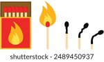 Matches set. Burning match with fire, match charcoal. Lights. Vector illustration cartoon style isolated on white background. Burnt matchstick with smoke and red matchbox icon