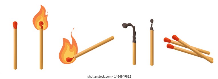 Matches set. Burning match with fire, match charcoal. Lights. Vector illustration cartoon style isolated on white background.