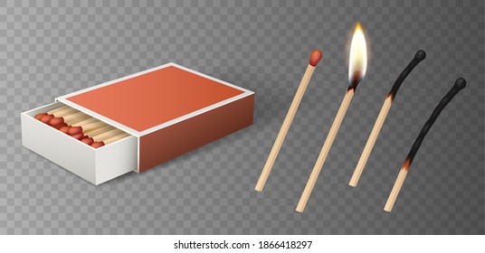 Matches Set: Burning Match With Fire, Opened Matchbox, Burnt Matchstick Isolated On Gray Background. 3d Rendering Detailed Vector Illustration