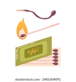 Matches. Set of vector illustrations burning match with fire, open matchbox, burnt match isolated on white. A simple symbol of combustion, burning and withering