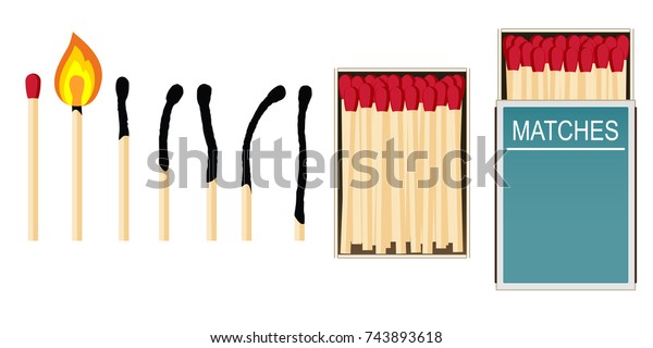 Matches. Set of vector\
illustrations: burning match with fire, opened matchbox, burnt\
matchstick isolated on white. Simple symbol of ignition, burning\
and withering.