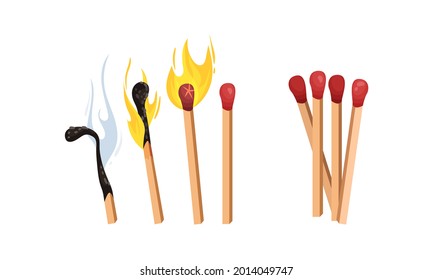 Matches as Small Wooden Stick for Starting Fire Vector Set