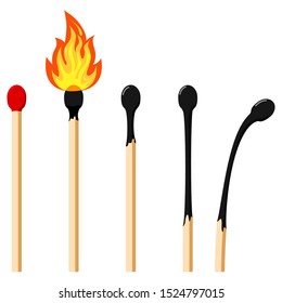 Matches varying degrees of burning flat design icon set. Vector illustrations: burning matchstick on fire, burnt matchstick, match remainder isolated on white background. Symbol of ignition, burning.