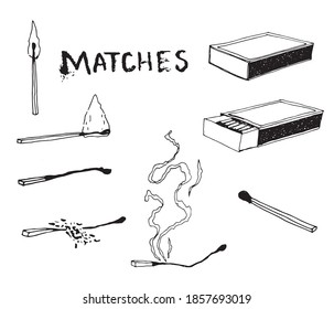 Matches. Vector black and white illustration. A matchbox, and various matches.