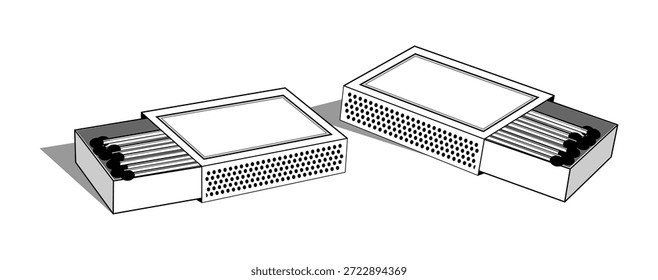 Ilustración vectorial de cerillas, cerilla ardiente con fuego, palo de cerilla quemado con fuego y caja de cerillas, símbolo de empaque de estilo retro, diseño de Antiguas de arte de caja de cerillas y diseño de empaque de caja de cerillas antiguo.