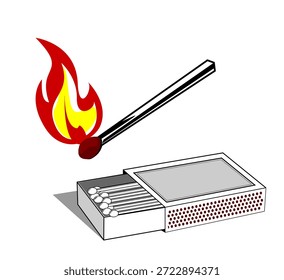 Ilustración vectorial de cerillas, cerilla ardiente con fuego, palo de cerilla quemado con fuego y caja de cerillas, símbolo de empaque de estilo retro, diseño de Antiguas de arte de caja de cerillas y diseño de empaque de caja de cerillas antiguo.