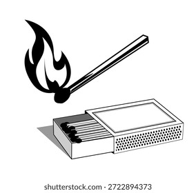 Matches vector  illustration, Burning match with fire, Burnt match stick with fire and match box, Retro style packaging symbol, Matchbox art Vintage design and antique matchbox packaging design.