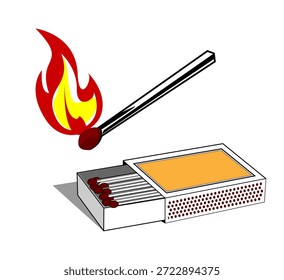 Ilustración vectorial de cerillas, cerilla ardiente con fuego, palo de cerilla quemado con fuego y caja de cerillas, símbolo de empaque de estilo retro, diseño de Antiguas de arte de caja de cerillas y diseño de empaque de caja de cerillas antiguo.