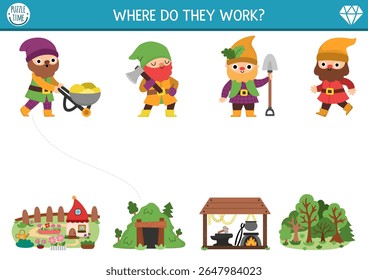 Combinando atividade com anões indo trabalhar. Quebra-cabeça de conto de fadas de floresta com gnomos fofos, formosa, jardim, minha. Combina com o jogo de objetos. Página de correspondência de criatura mágica, planilha imprimível
